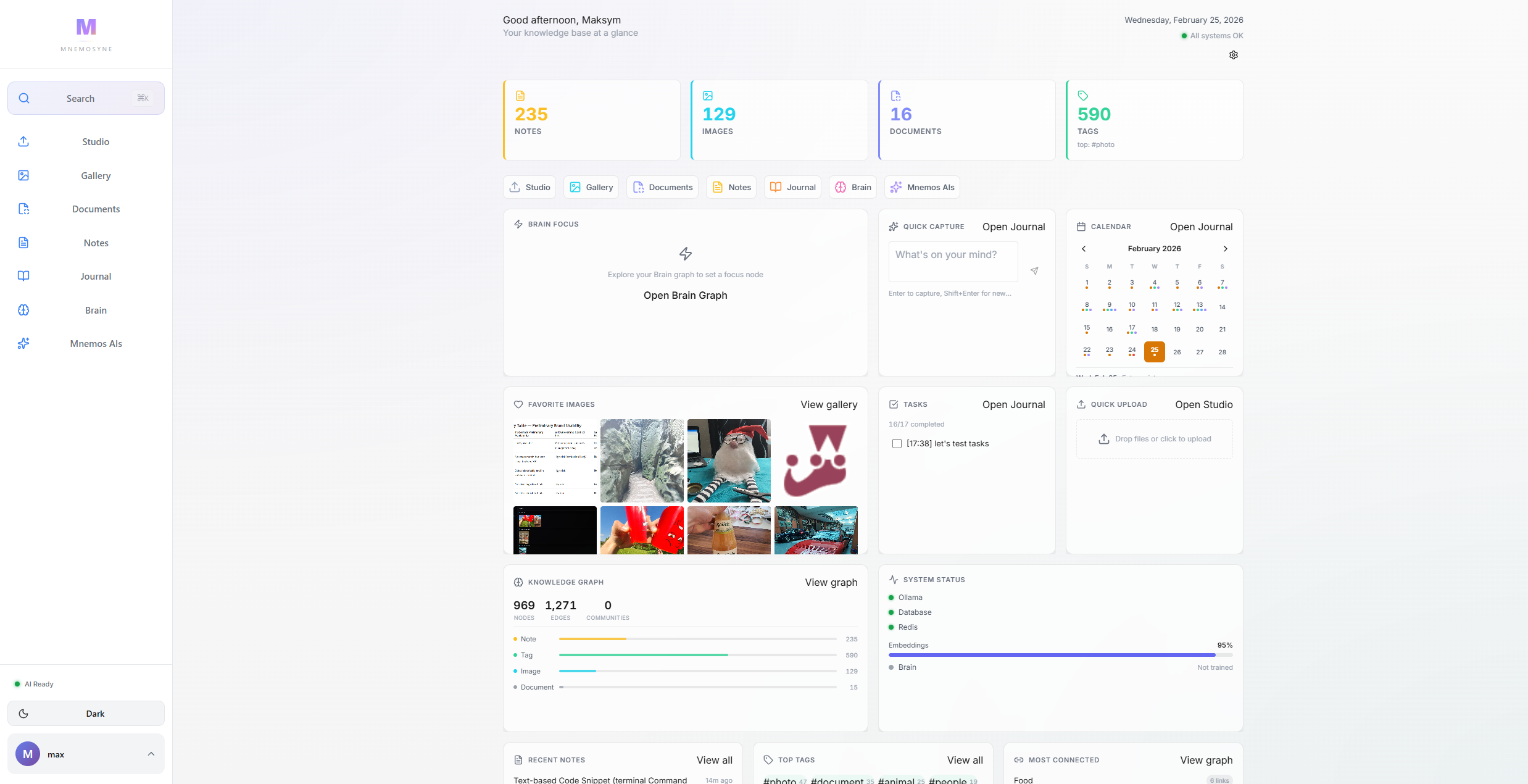 Mnemosyne dashboard showing activity feed, quick actions, and knowledge management overview